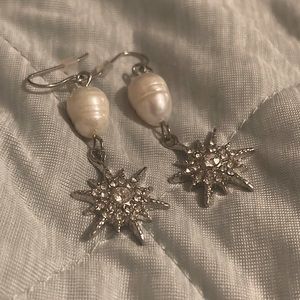 Cultured Pearl Dangle Star Earrings Rhinestone